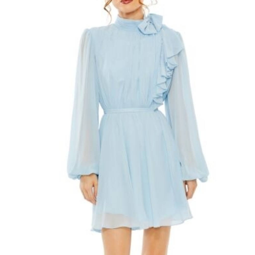 NWT MAC DUGGAL | $348 High Neck Formal Mini Dress - Blue - Picture 1 of 4